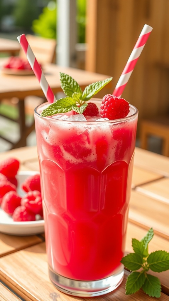 A refreshing raspberry lemonade smoothie in a glass, garnished with raspberries and mint, on a sunny table.